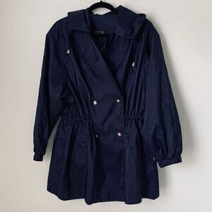 Vintage Izzi Activewear Jacket Women M Navy Blue Windbreaker Hood Cinch Waist 90